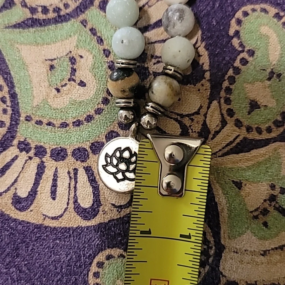 Beautiful Natural Stone and Silver Bead Lotus Charm Necklace - Long and Stretchy - Picture 5 of 5